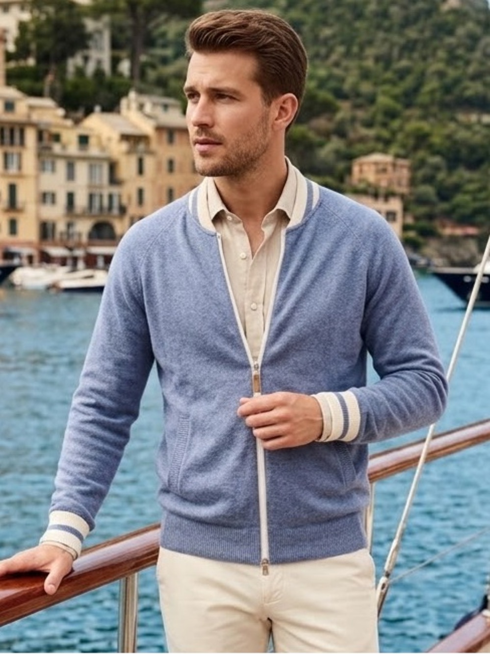 Emanuel Berg Light Blue Extrafine Merino Blend Zip Cardigan Sweater Size L